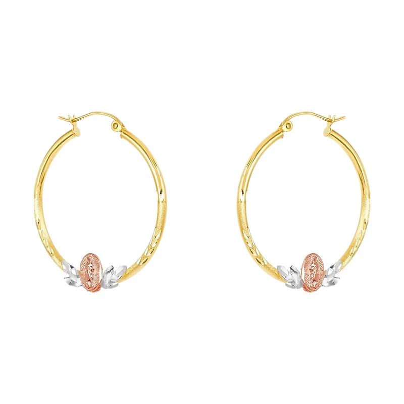 14K Tri Color Gold 30mm Guadalupe and Leaf Design Hoops