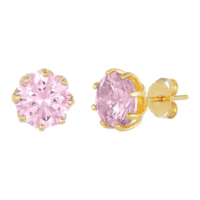 14K Yellow Gold Pink Topaz Crown Basket Stud Earrings