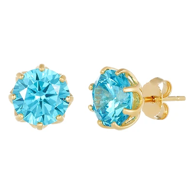14K Yellow Gold Blue Zirconia Crown Basket Stud Earrings