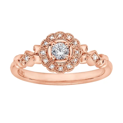 14K Rose Gold Vintage Floral Halo Engagement Ring