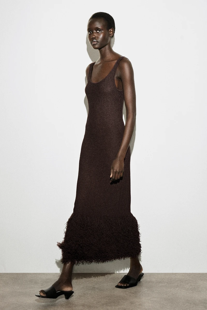 brown cos dress FRINGED-HEM KNITTED COLUMN Midi dress