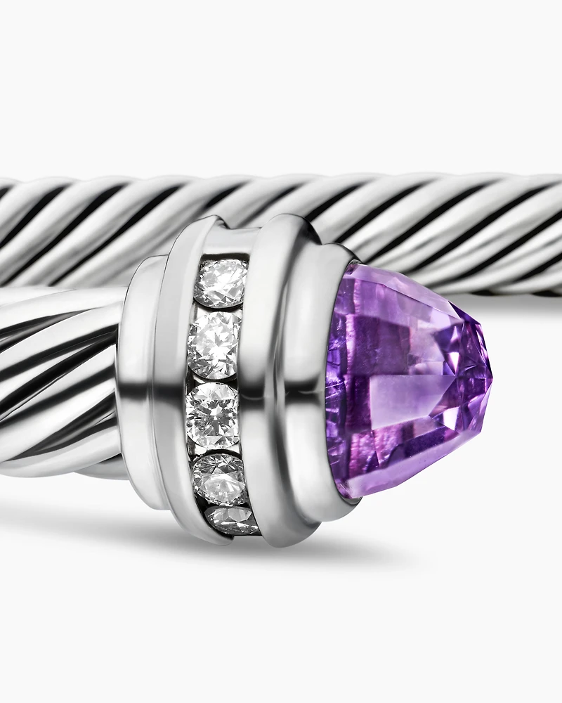 Classic Cable Bracelet in Sterling Silver with Amethyst and Diamonds, 5mm
