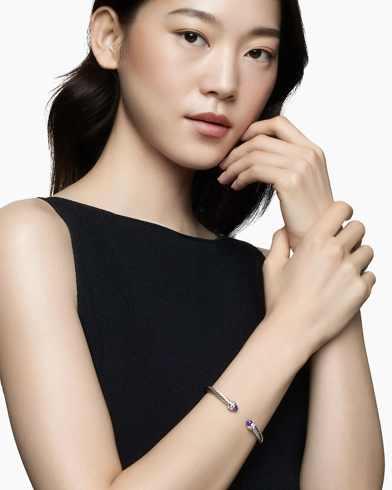 Classic Cable Bracelet in Sterling Silver with Amethyst and Diamonds, 5mm
