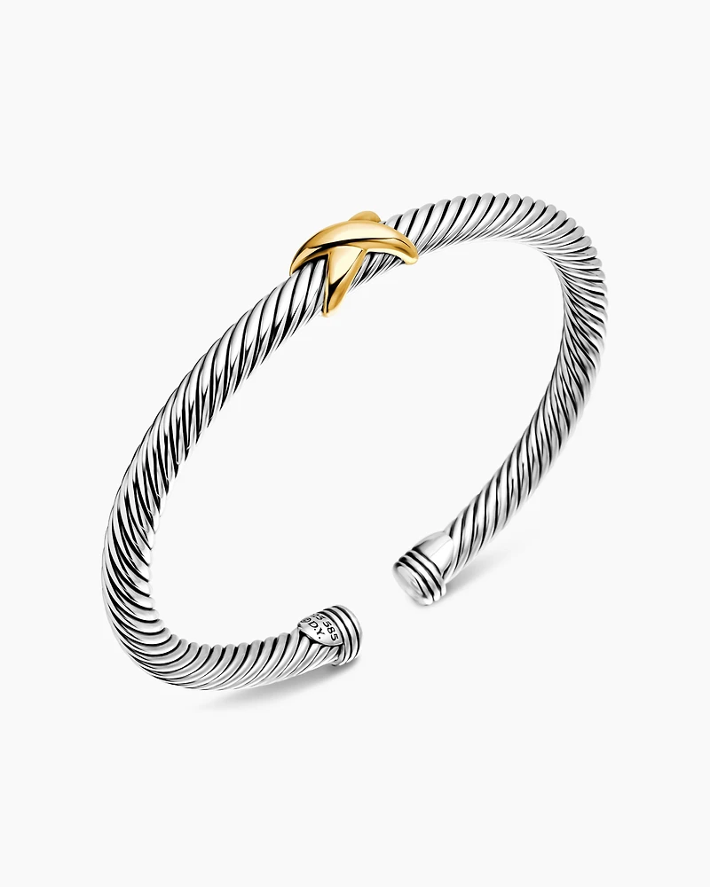 X Classic Cable Station Bracelet Sterling Silver with 14K Yellow Gold, 5mm