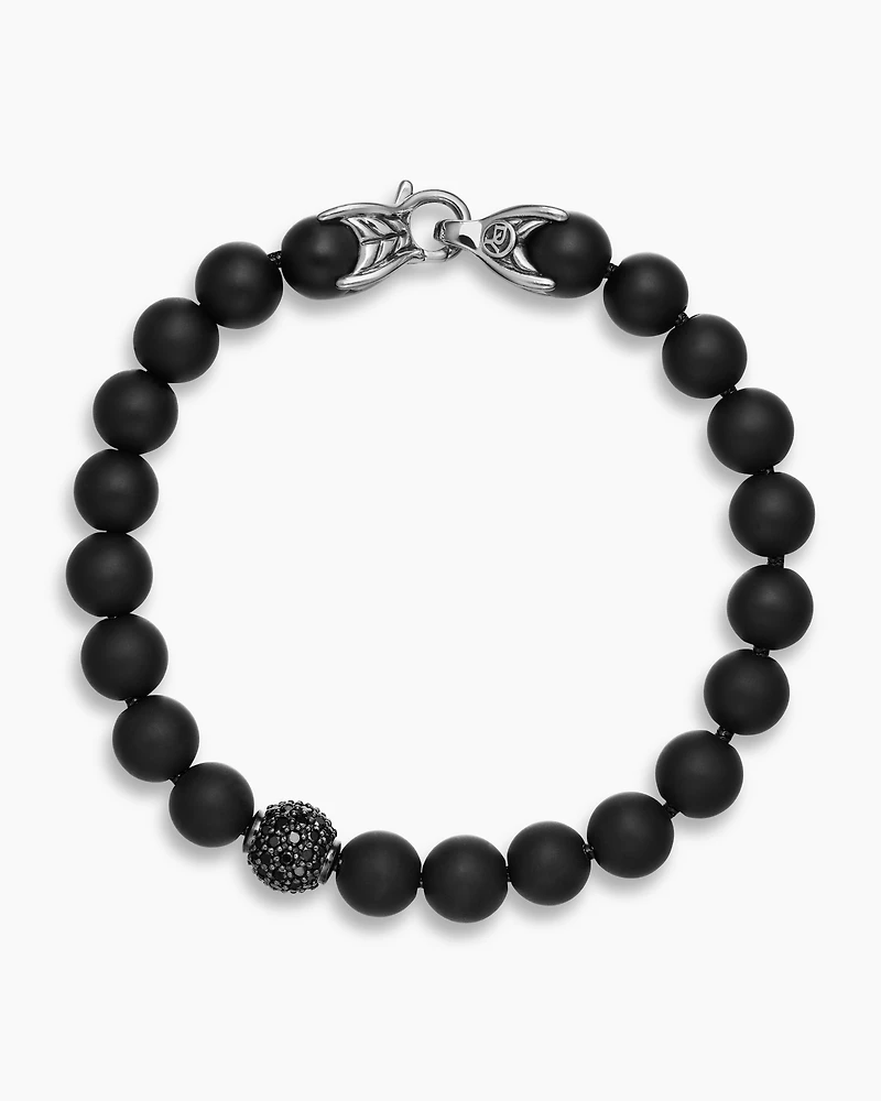 Spiritual Beads Bracelet Sterling Silver with Black Onyx and Pavé Diamond Station, 8mm