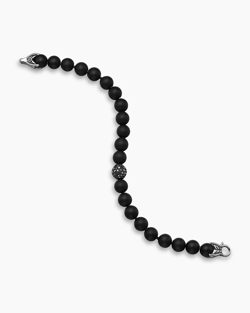 Spiritual Beads Bracelet Sterling Silver with Black Onyx and Pavé Diamond Station, 8mm