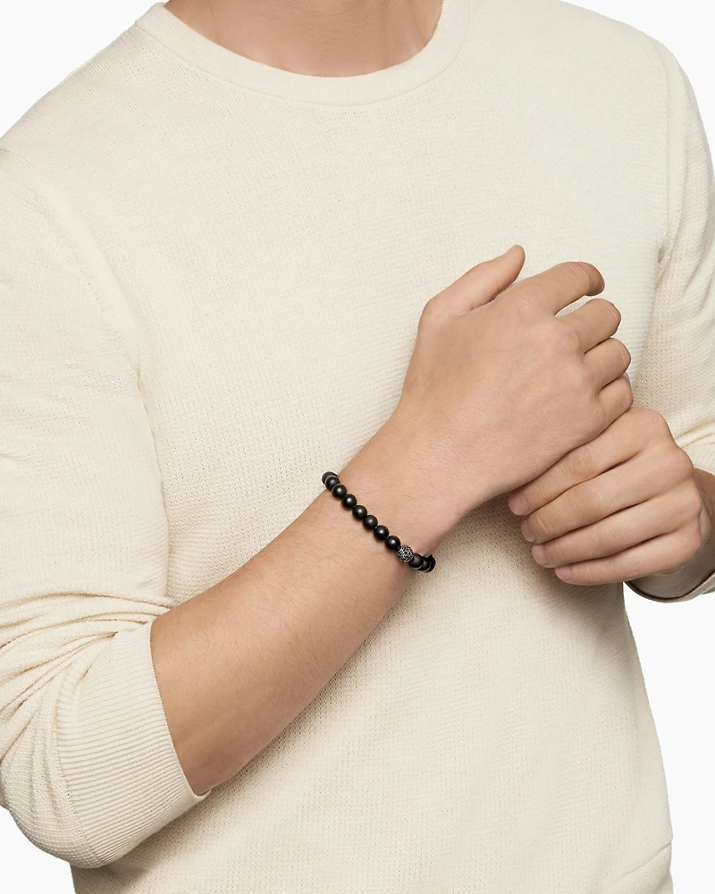 Spiritual Beads Bracelet Sterling Silver with Black Onyx and Pavé Diamond Station, 8mm