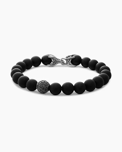 Spiritual Beads Bracelet Sterling Silver with Black Onyx and Pavé Diamond Station, 8mm