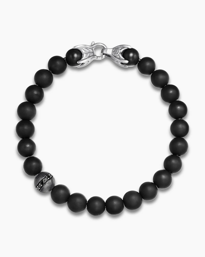 Spiritual Beads Bracelet Sterling Silver with Black Onyx and Pavé Diamond Accent, 8mm