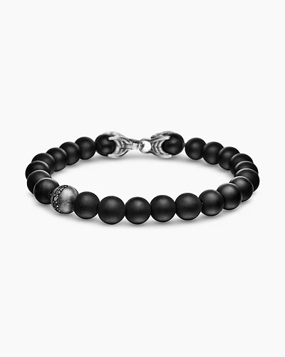 Spiritual Beads Bracelet Sterling Silver with Black Onyx and Pavé Diamond Accent, 8mm