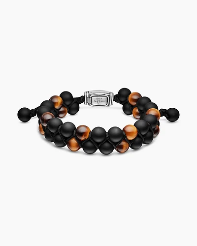 Spiritual Beads Two Row Woven Bracelet Black Onyx, Tiger’s Eye, Nylon and Sterling Silver, 8mm