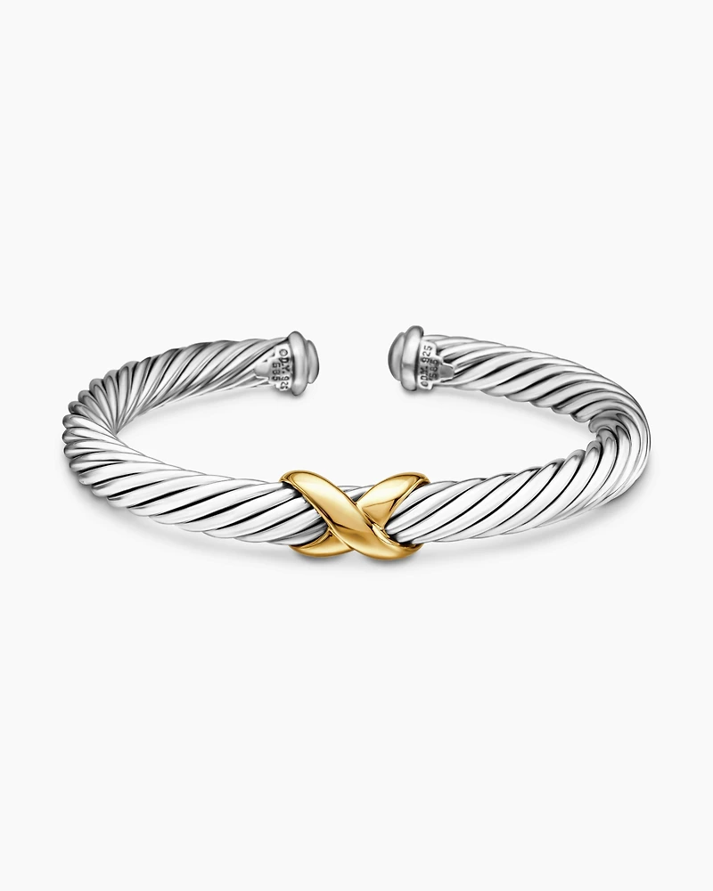 X Classic Cable Station Bracelet Sterling Silver with 14K Yellow Gold, 7mm
