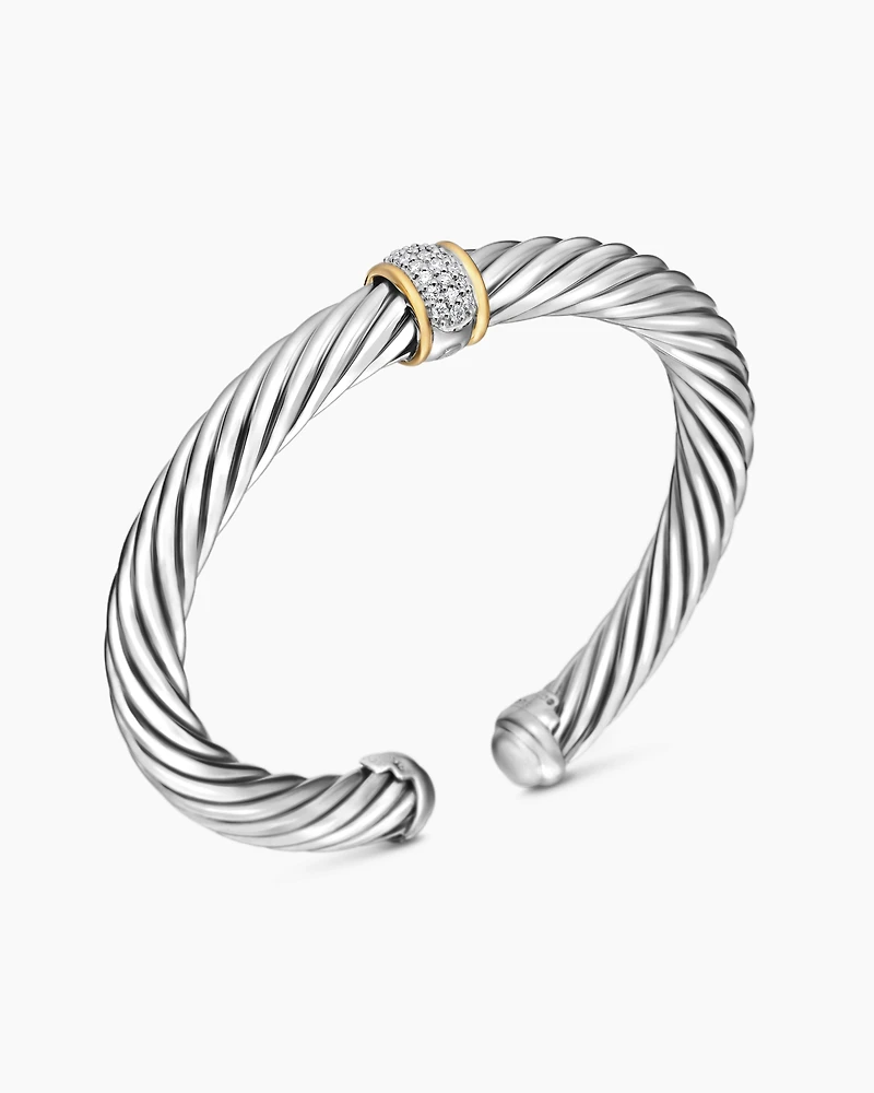 Classic Cable Station Bracelet Sterling Silver with 18K Yellow Gold and Pavé Diamonds, 7mm