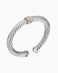 Classic Cable Station Bracelet Sterling Silver with 18K Yellow Gold and Pavé Diamonds, 7mm
