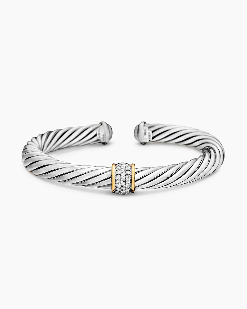 Classic Cable Station Bracelet Sterling Silver with 18K Yellow Gold and Pavé Diamonds, 7mm