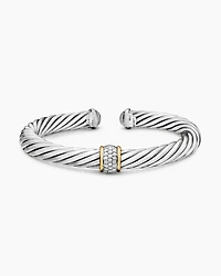 Classic Cable Station Bracelet Sterling Silver with 18K Yellow Gold and Pavé Diamonds, 7mm