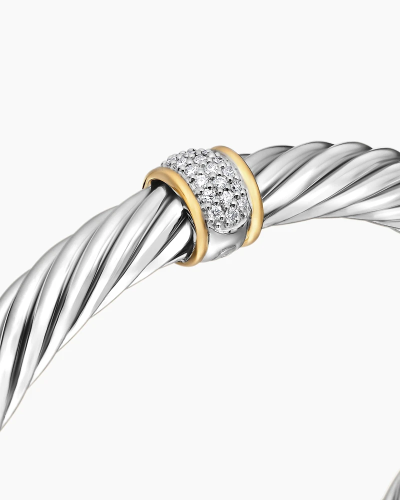 Classic Cable Station Bracelet Sterling Silver with 18K Yellow Gold and Pavé Diamonds, 7mm
