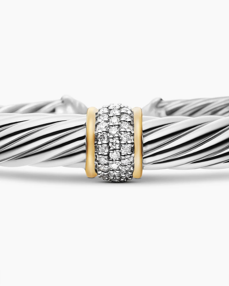 Classic Cable Station Bracelet Sterling Silver with 18K Yellow Gold and Pavé Diamonds, 7mm