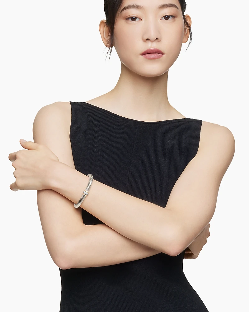 Classic Cable Station Bracelet Sterling Silver with 18K Yellow Gold and Pavé Diamonds, 7mm