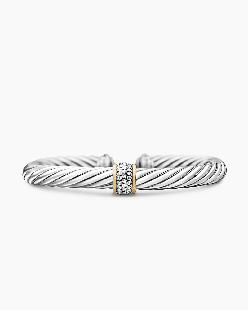 Classic Cable Station Bracelet Sterling Silver with 18K Yellow Gold and Pavé Diamonds, 7mm
