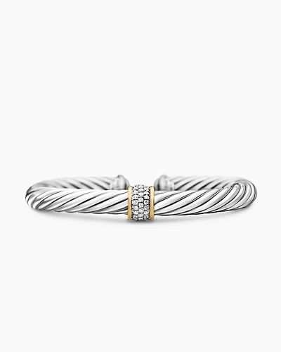 Classic Cable Station Bracelet Sterling Silver with 18K Yellow Gold and Pavé Diamonds, 7mm