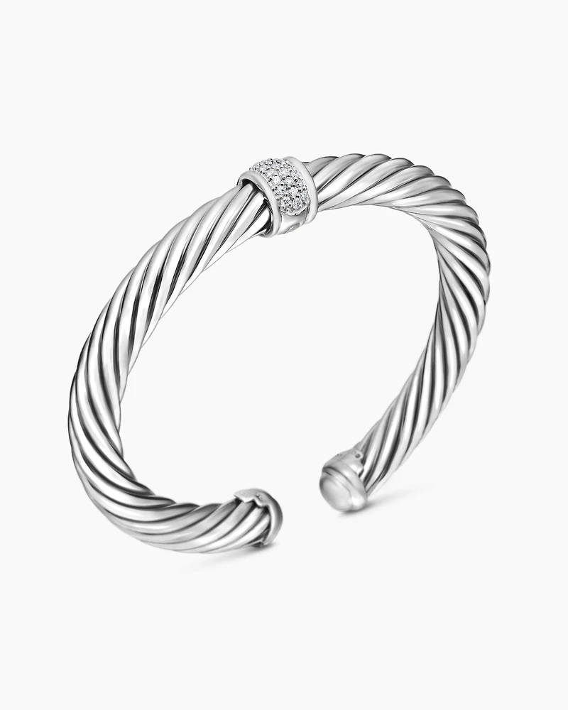 Classic Cable Station Bracelet Sterling Silver with Pavé Diamonds, 7mm