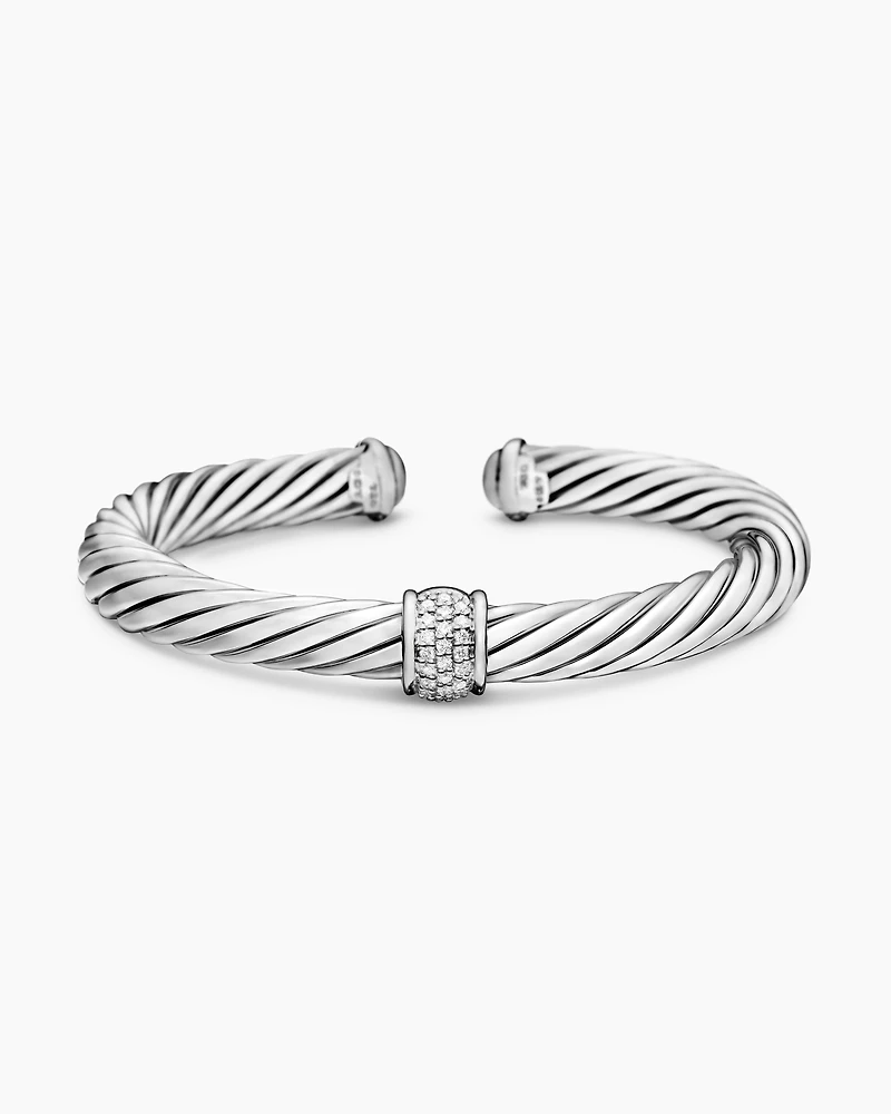 Classic Cable Station Bracelet Sterling Silver with Pavé Diamonds, 7mm