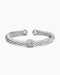Classic Cable Station Bracelet Sterling Silver with Pavé Diamonds, 7mm