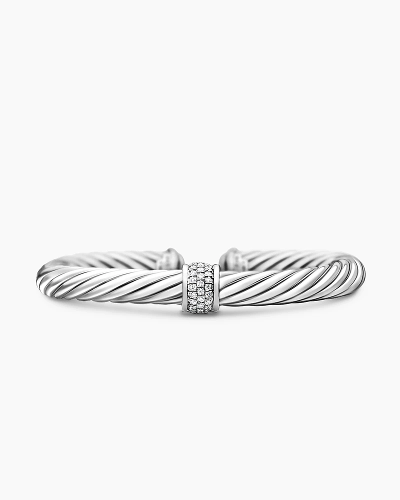 Classic Cable Station Bracelet Sterling Silver with Pavé Diamonds, 7mm