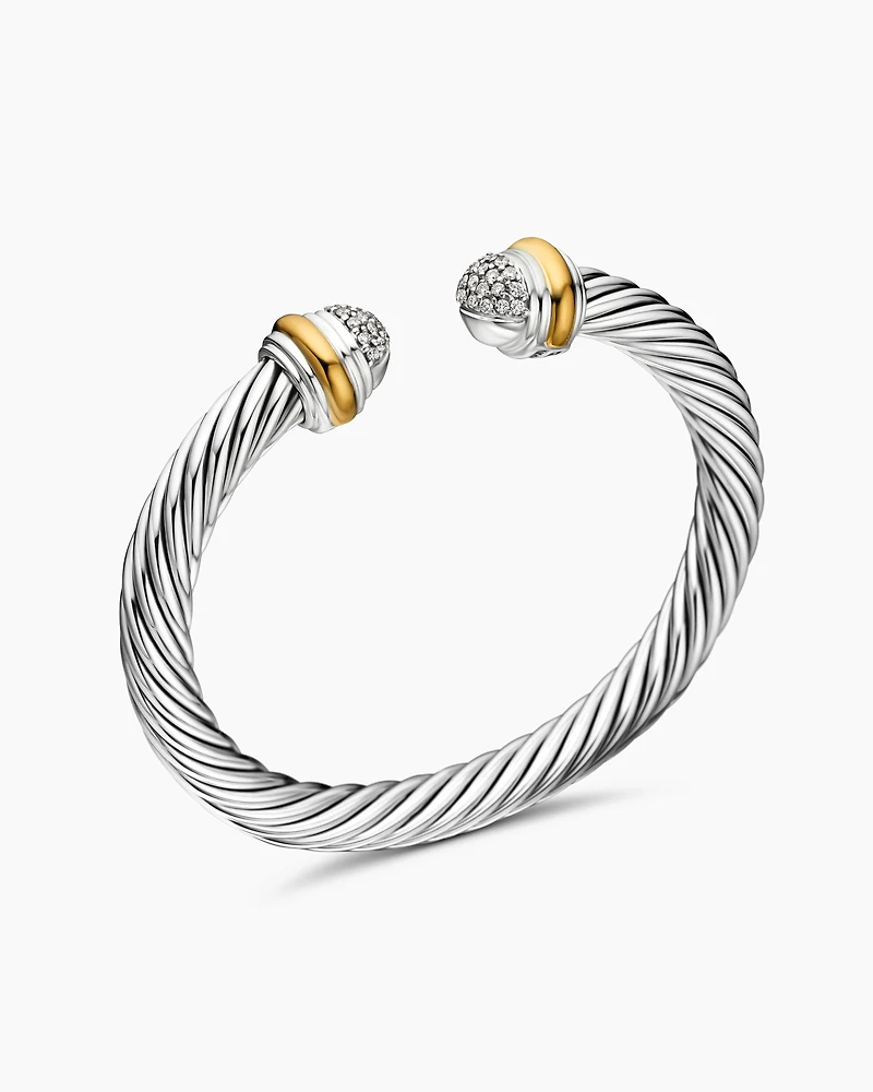 Classic Cable Bracelet Sterling Silver with 18K Yellow Gold and Pavé Diamond Domes, 7mm
