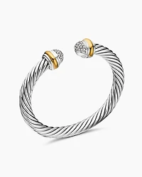 Classic Cable Bracelet Sterling Silver with 18K Yellow Gold and Pavé Diamond Domes, 7mm
