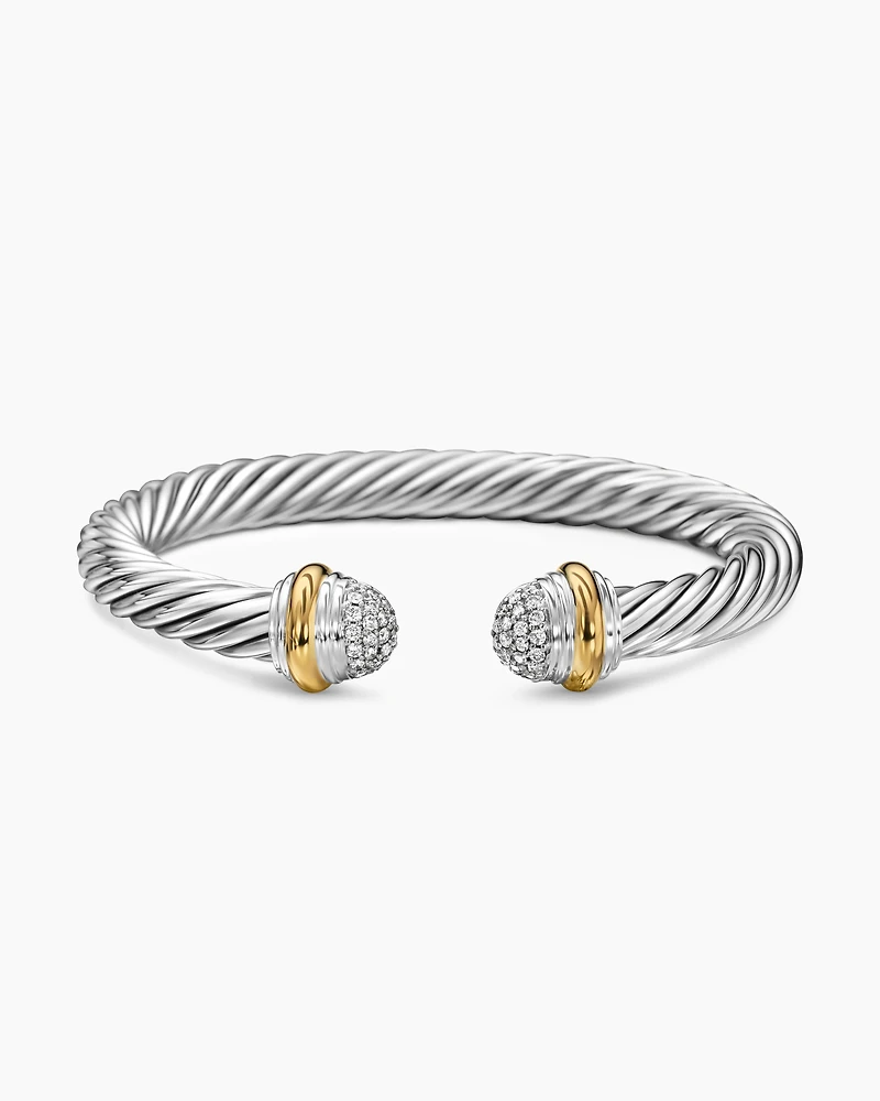 Classic Cable Bracelet Sterling Silver with 18K Yellow Gold and Pavé Diamond Domes, 7mm