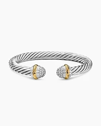 Classic Cable Bracelet Sterling Silver with 18K Yellow Gold and Pavé Diamond Domes, 7mm