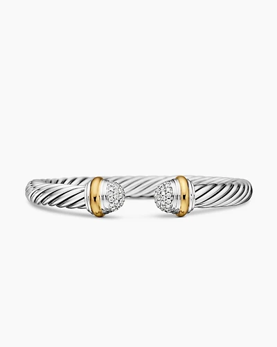 Classic Cable Bracelet Sterling Silver with 18K Yellow Gold and Pavé Diamond Domes, 7mm