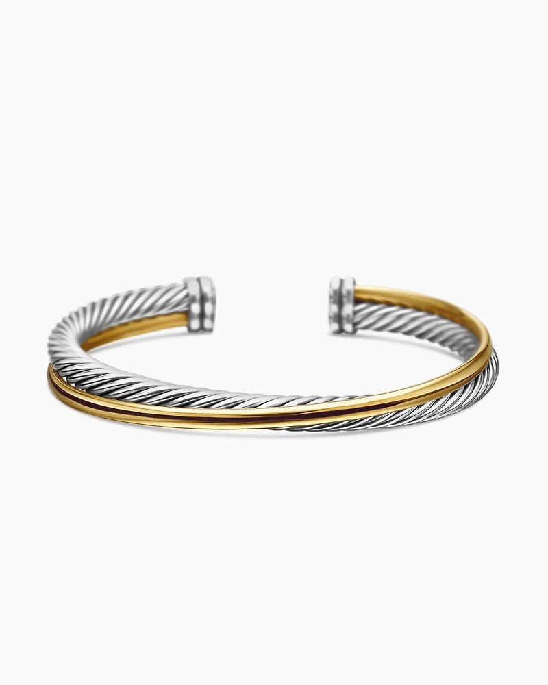 Crossover Two Row Cuff Bracelet Sterling Silver with 18K Yellow Gold, 5mm