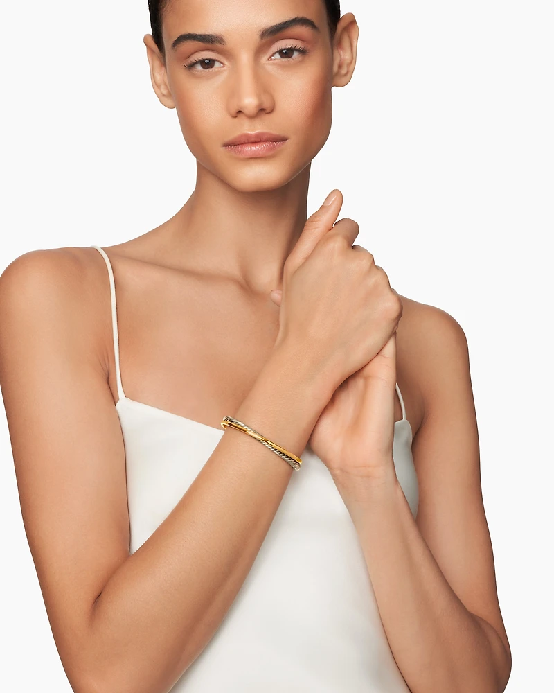 Crossover Two Row Cuff Bracelet Sterling Silver with 18K Yellow Gold, 5mm