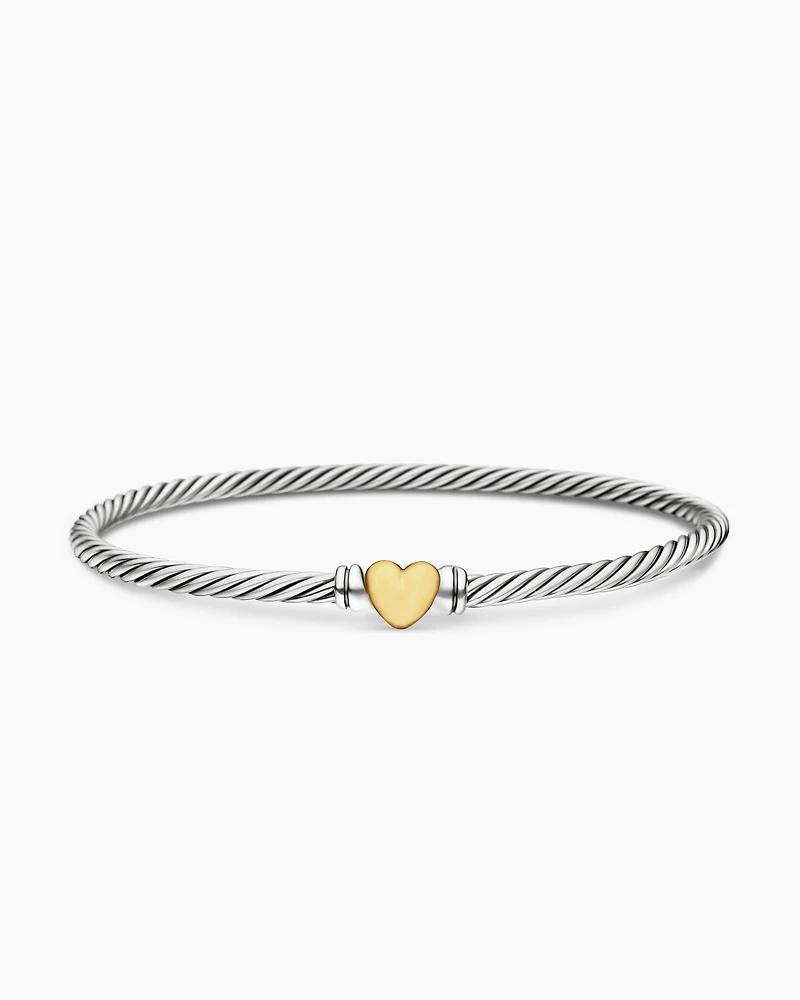 Classic Cable Heart Station Bracelet Sterling Silver with 18K Yellow Gold, 3mm