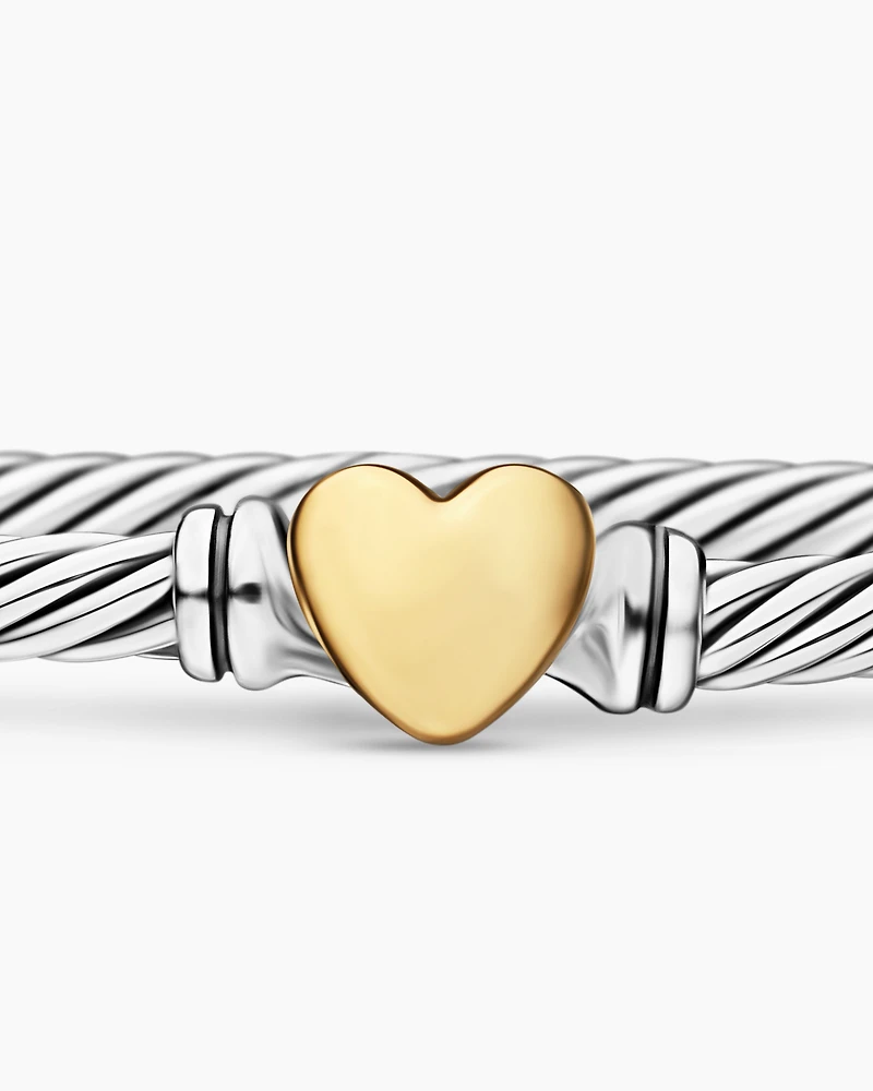 Classic Cable Heart Station Bracelet Sterling Silver with 18K Yellow Gold, 3mm