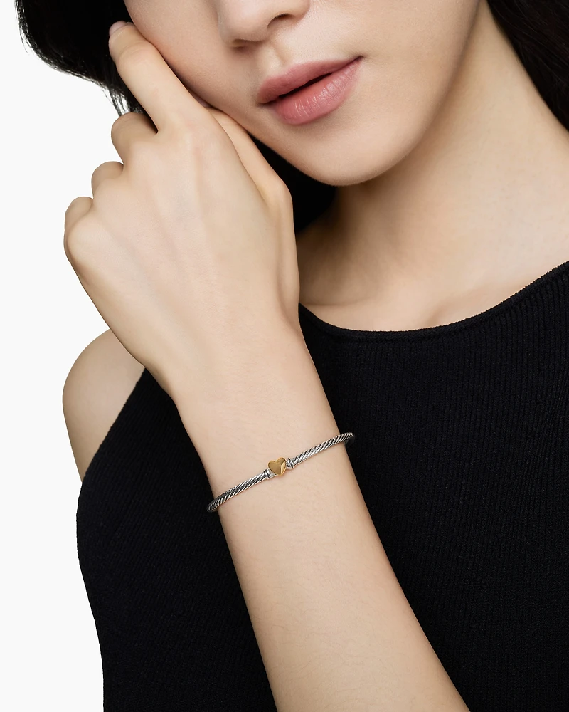 Classic Cable Heart Station Bracelet Sterling Silver with 18K Yellow Gold, 3mm