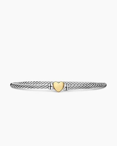 Classic Cable Heart Station Bracelet Sterling Silver with 18K Yellow Gold, 3mm
