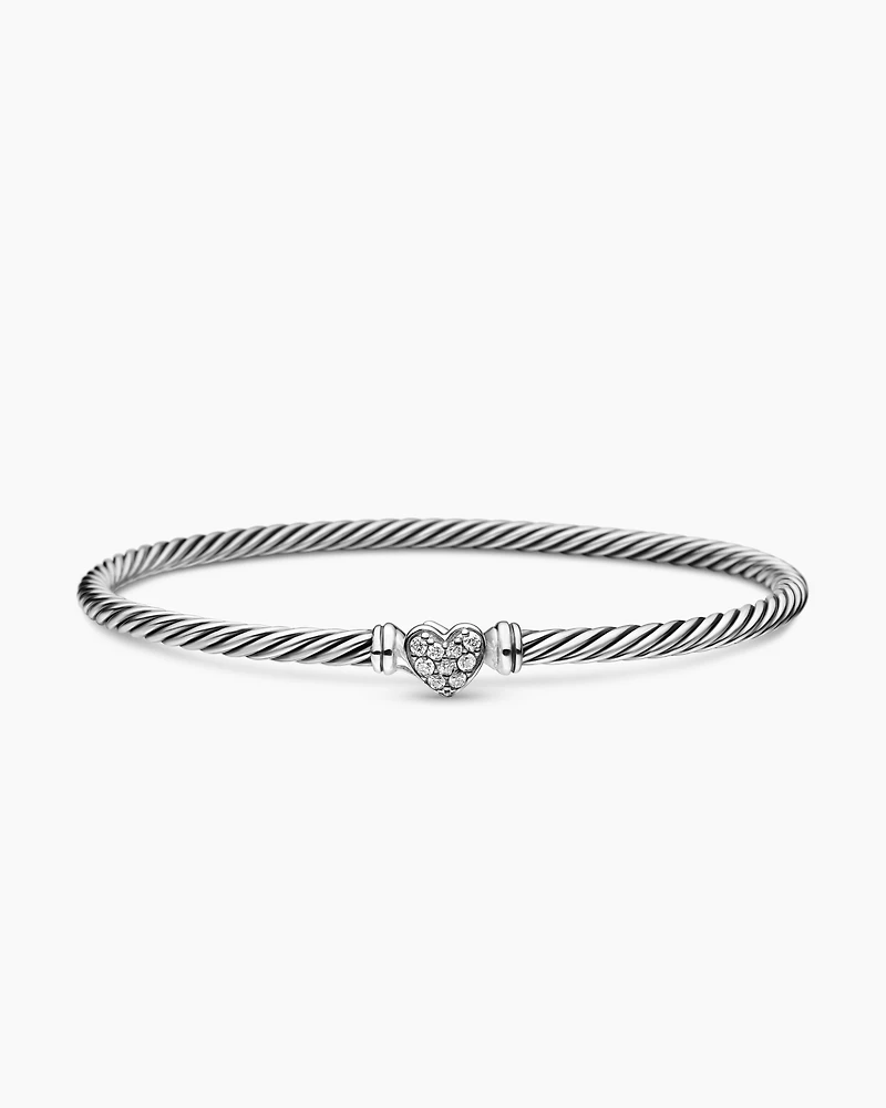Classic Cable Heart Station Bracelet Sterling Silver with Pavé, 3mm