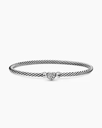 Classic Cable Heart Station Bracelet Sterling Silver with Pavé, 3mm