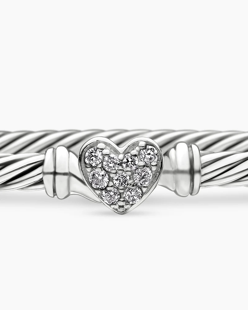 Classic Cable Heart Station Bracelet Sterling Silver with Pavé, 3mm