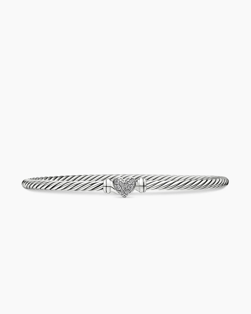 Classic Cable Heart Station Bracelet Sterling Silver with Pavé, 3mm
