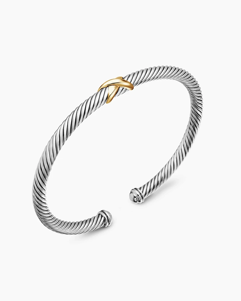X Classic Cable Station Bracelet Sterling Silver with 18K Yellow Gold, 4mm