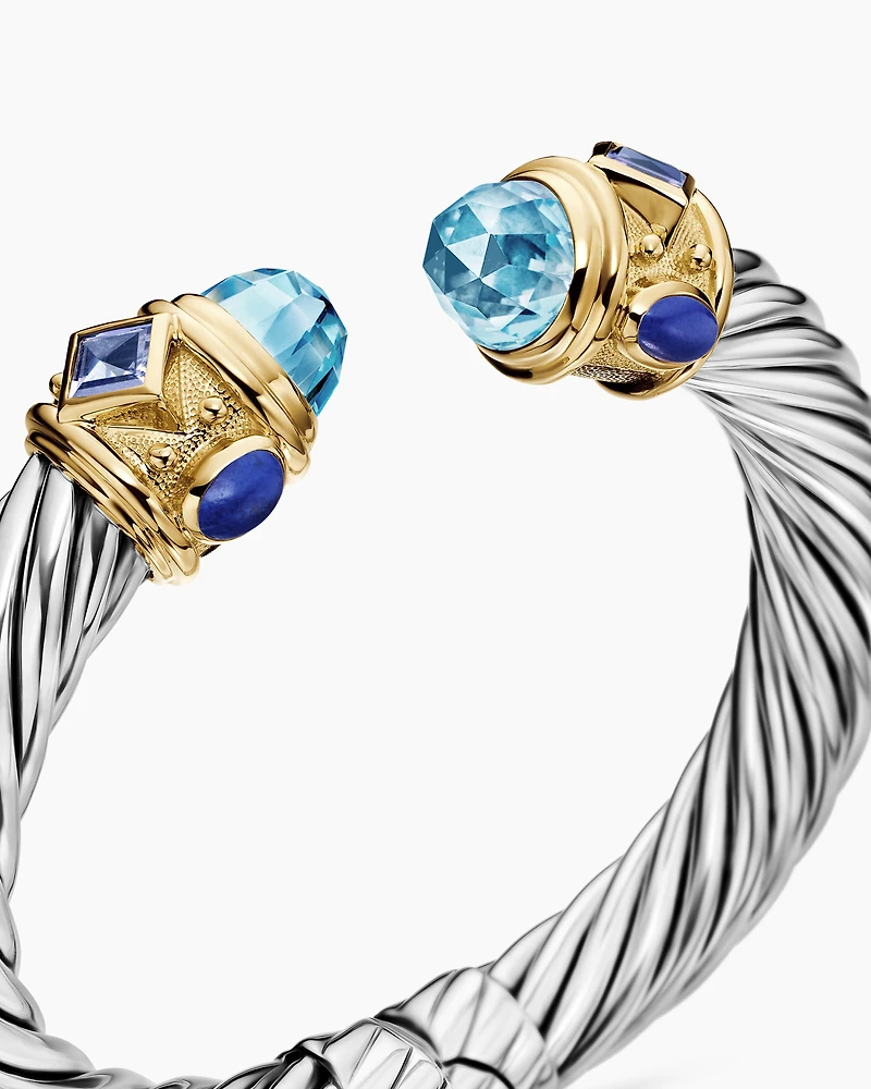 Renaissance® Classic Cable Bracelet in Sterling Silver with 14K Yellow Gold, Blue Topaz, Iolite and Lapis, 10mm