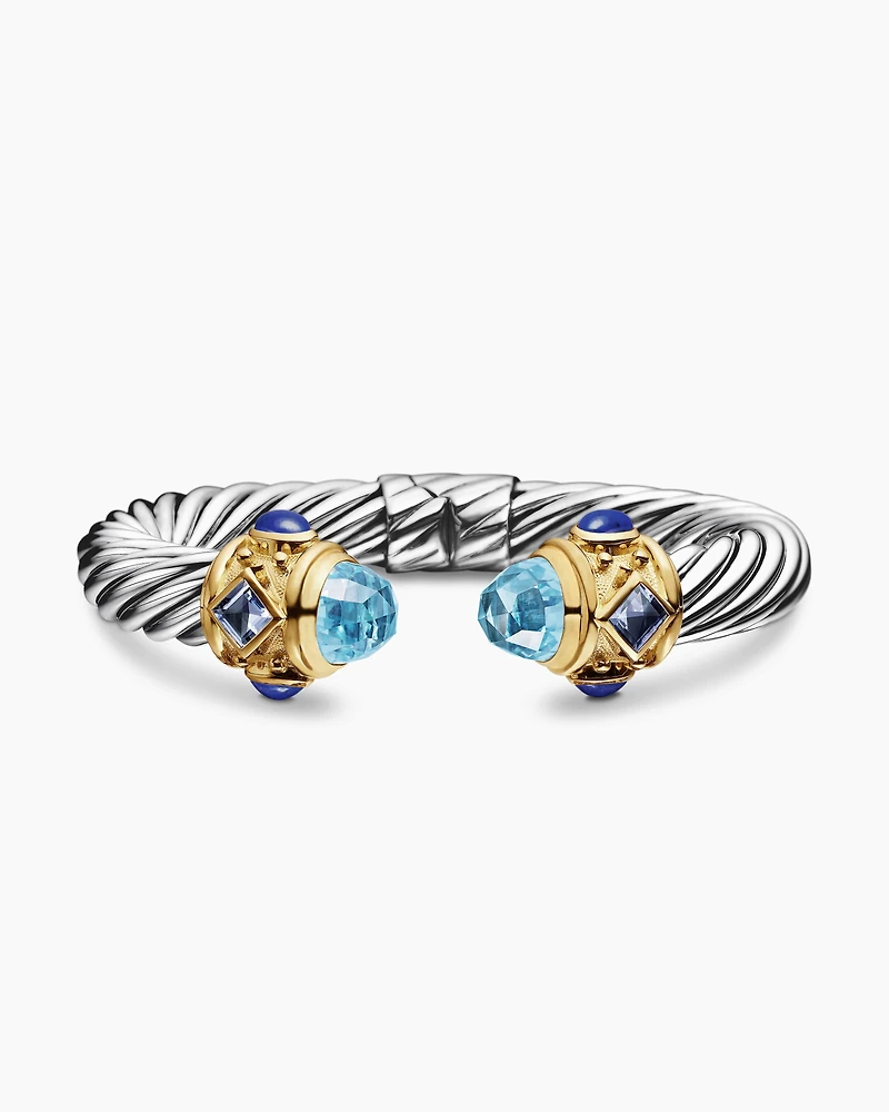 Renaissance® Classic Cable Bracelet in Sterling Silver with 14K Yellow Gold, Blue Topaz, Iolite and Lapis, 10mm