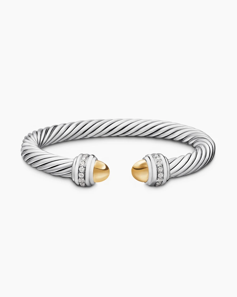 Classic Cable Bracelet Sterling Silver with 14K Yellow Gold Domes and Diamonds, 7mm
