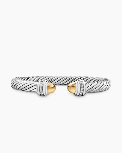 Classic Cable Bracelet Sterling Silver with 14K Yellow Gold Domes and Diamonds, 7mm