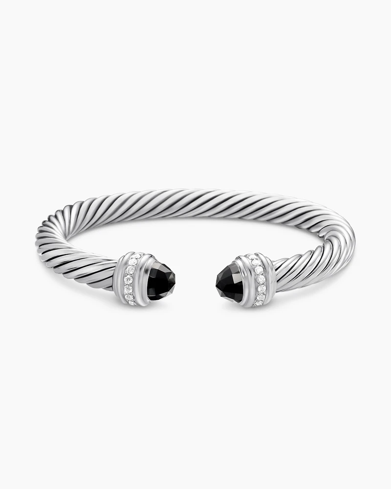 Classic Cable Bracelet Sterling Silver with Black Onyx and Diamonds, 7mm